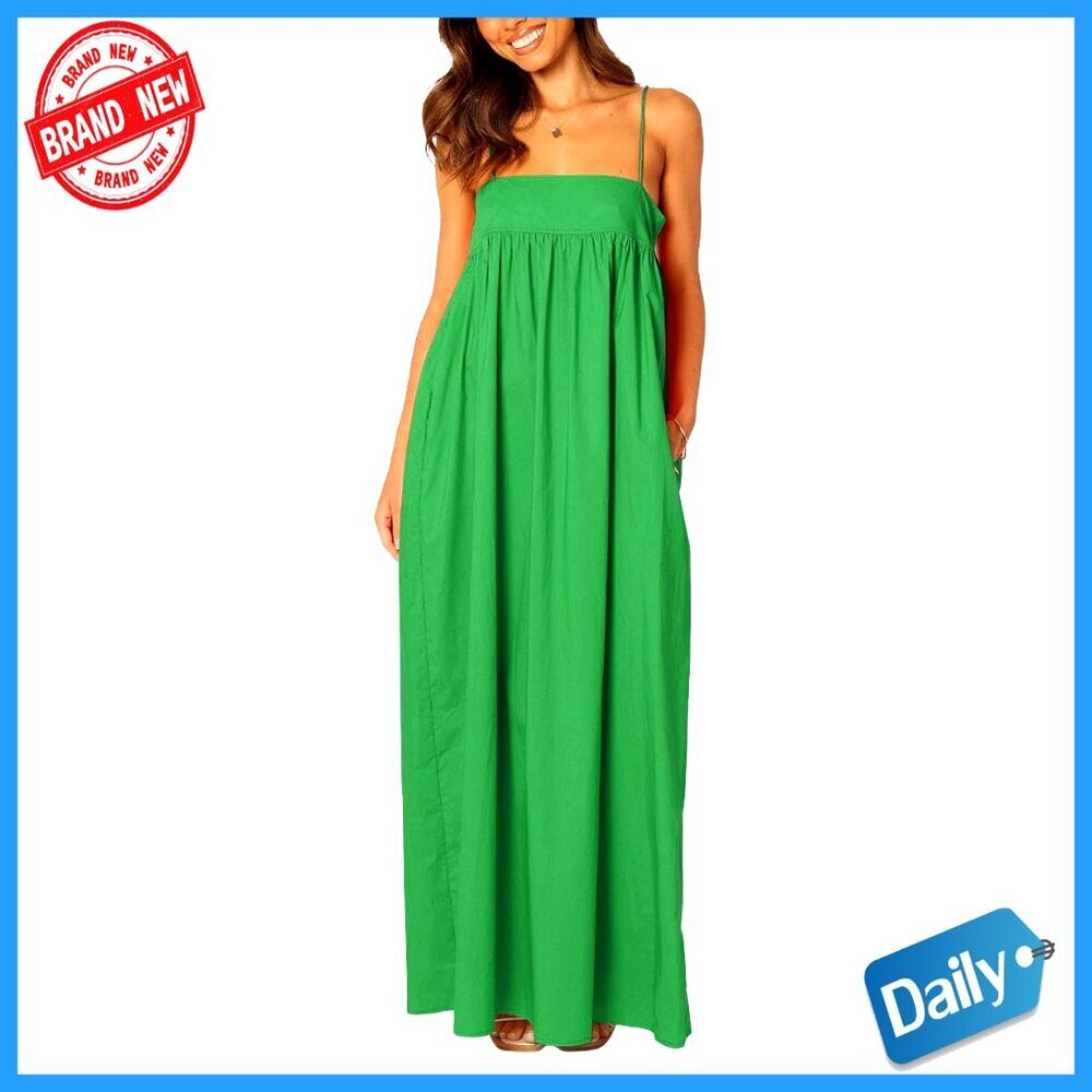Backless Spaghetti Strap Maxi Dress with Pockets Loose Fit Viscose